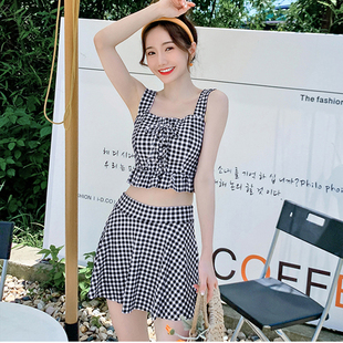 泳衣女款 保守微胖女孩遮肉显瘦格子小胸纯欲网红风小个子 分体裙式