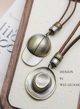 美式复古牛仔帽皮绳毛衣链