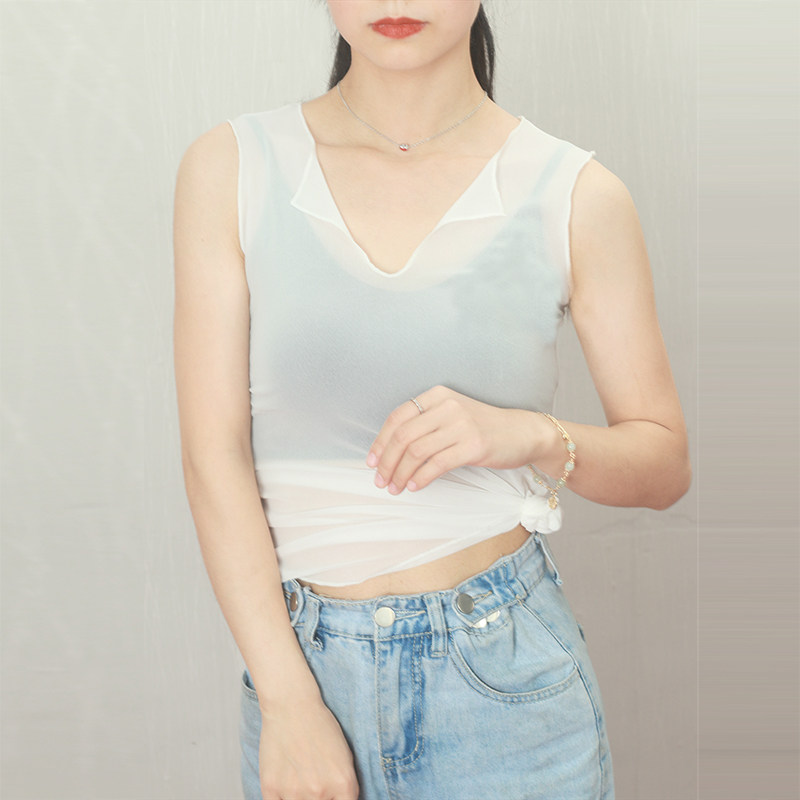 网纱新款网状镂空修身t恤网纱内搭上衣打底衫女无袖2022春夏装新