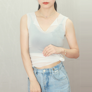 网纱新款网状镂空修身t恤网纱内搭上衣打底衫女无袖2022春夏装新