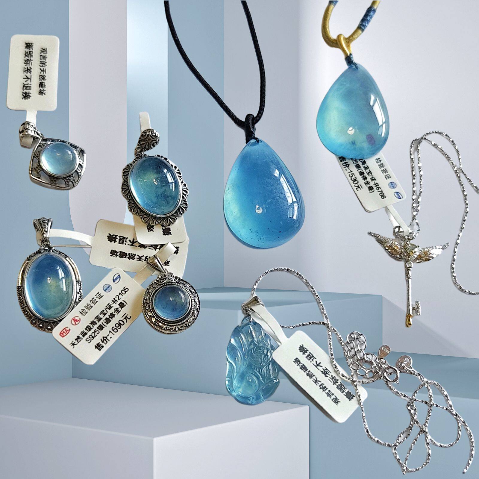 原矿天然海蓝宝收藏级魔鬼蓝平安扣九尾狐水滴编绳纯银吊坠项链佛