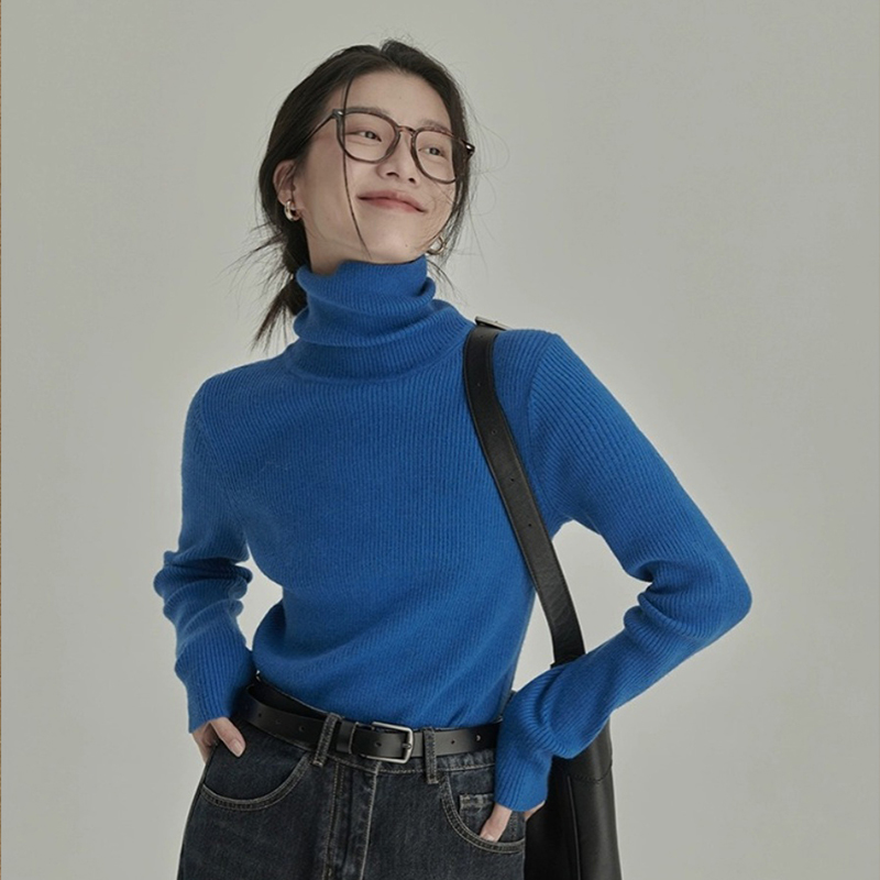 克莱因蓝高领针织打底衫女秋冬内搭高级感修身显瘦毛衣堆堆领上衣