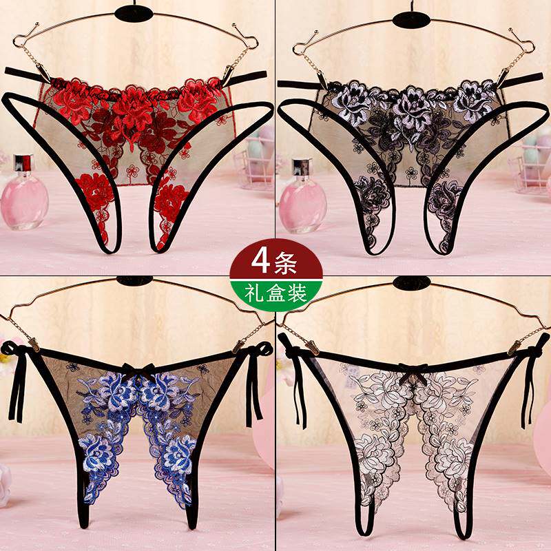 维多利亚内裤女开档性感火辣网纱刺绣花超透明诱惑系带三角裤开裆