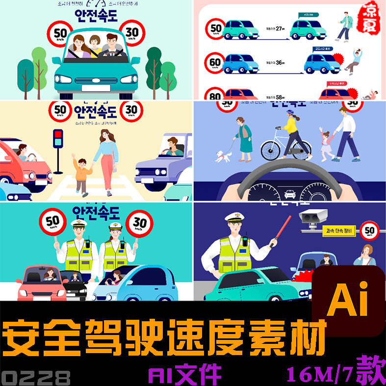 手绘卡通安全驾驶出行驶速度警示宣传插图海报ai矢量设计素材
