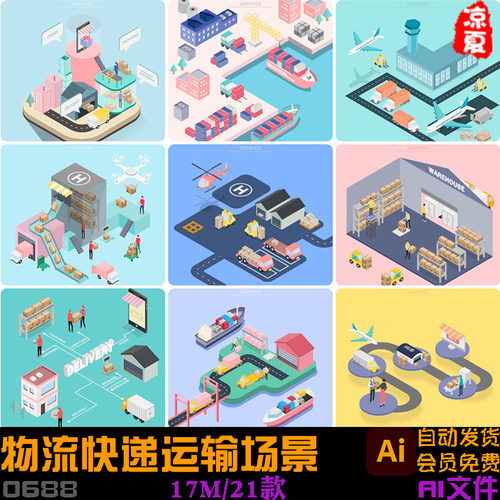 扁平化等距差2.5D立体AI物流快递运输场景海报UI设计矢量背景素材