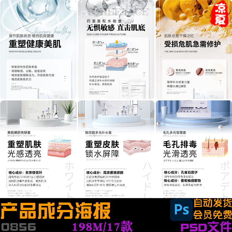 简约医美整形微商美业抗衰护肤面膜玻尿酸产品成分海报PS素材模板