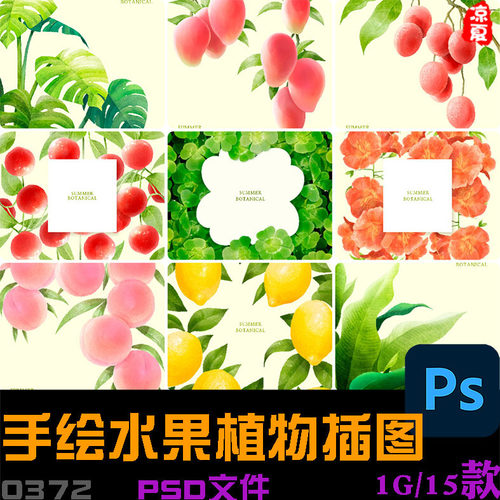 手绘水果植物水蜜桃橙子棕榈叶插图海报背景psd设计素材