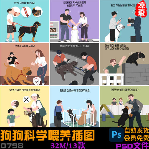 手绘卡通狗狗栓狗绳安全遛狗科学喂养插图海报psd设计素材
