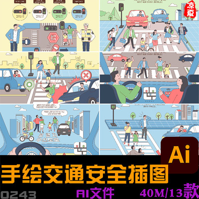 手绘卡通道路交通安全驾驶事故宣传场景插图海报ai矢量设计素材