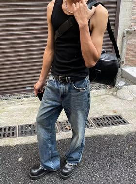 Baseplate 内华达水洗微喇密针脚压褶做旧蓝色纯棉cleanfit牛仔裤