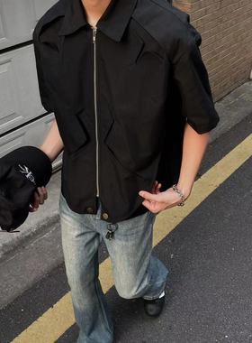 Baseplate 多裁片双层解构高级休闲短宽cleanfit短袖衬衫蝙蝠外套