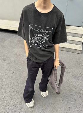 Baseplate 乐队恶搞数码印花水洗做旧vintage boxy 短宽tee短袖