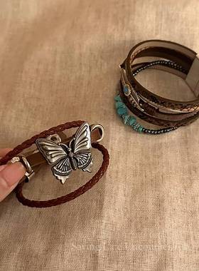 手作款异域民族风牛皮叠戴手链中古波西米亚风废土风小众复古手饰