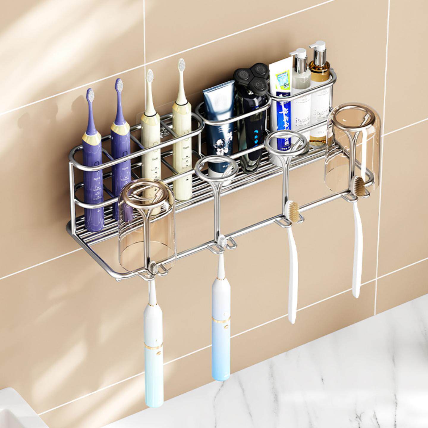 304不锈钢电动牙刷置物架壁挂式杯架免打孔漱口杯倒挂沥水架挂墙