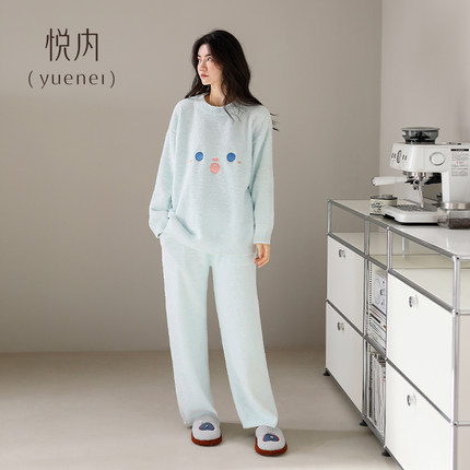 悦内半边绒睡衣女款秋冬季冬款珊瑚绒加绒加厚保暖家居服圆领套头