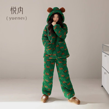 悦内睡衣女款秋冬季冬款珊瑚绒三层夹棉加绒家居服加厚保暖可外穿