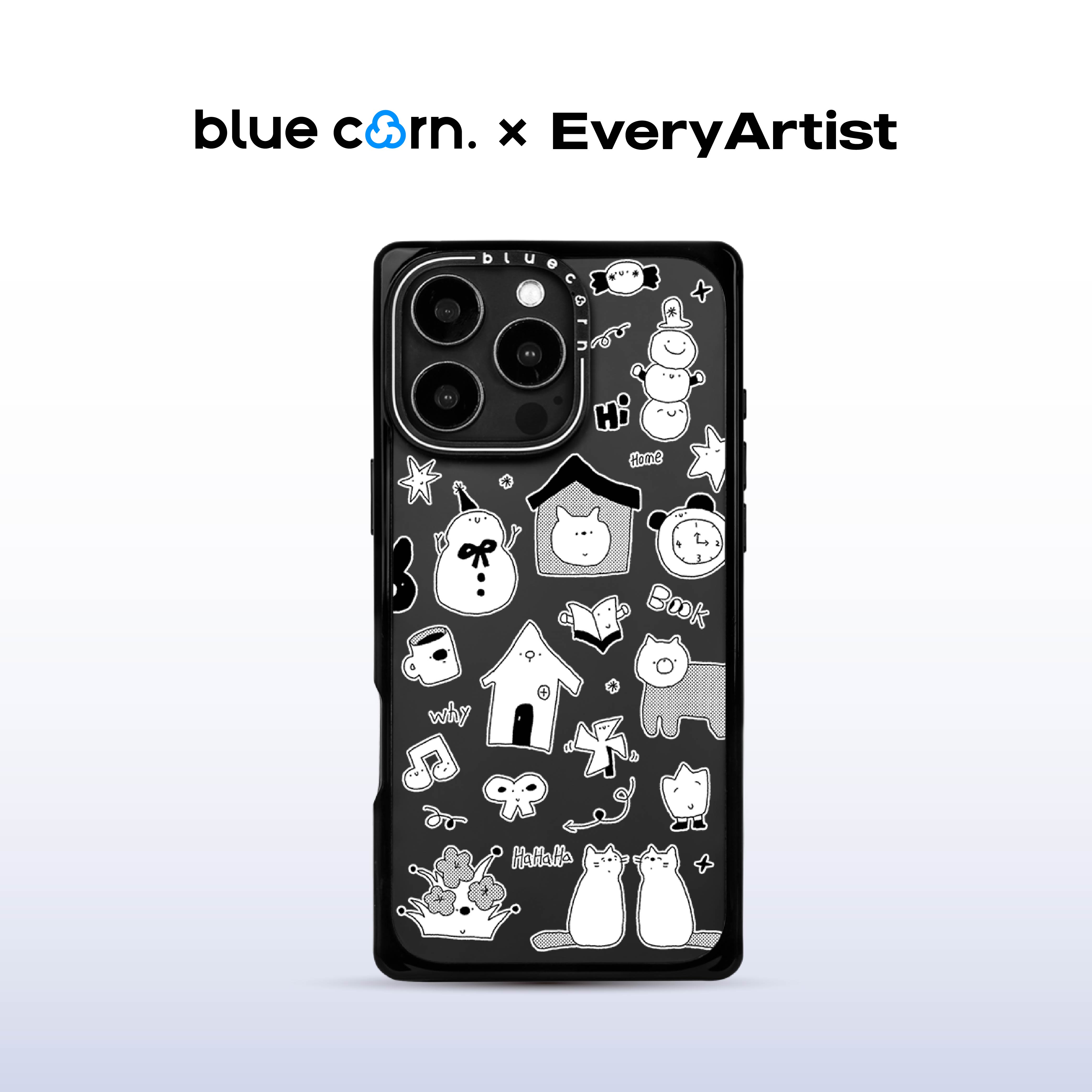 【bluecorn】蓝色苞米原创黑白猫猫涂鸦 适用于iPhone 17/16/15 PRO MAX magsafe镜面磁吸防摔全包手机壳