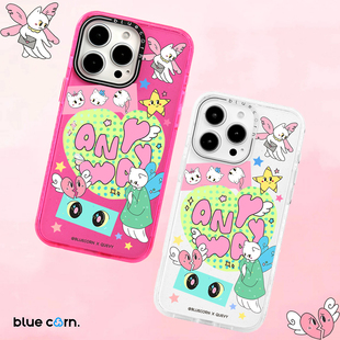 适用于iPhone MAX bluecorn magsafe镜面磁吸防摔手机壳 PRO 蓝色苞米联名Quevy插画师疗愈天使