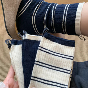 后跟布标袜子女春秋纯棉中筒袜撞色罗口条纹ins潮日系百搭堆堆袜