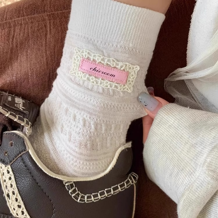 蕾丝布标袜子女~也太太太有春日氛围辣！无骨袜头好温柔 好好rua~,女士内衣/男士内衣/家居服,中筒袜,淘宝优惠券,粉丝福利购,淘宝优惠卷
