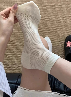 白色网眼袜子女纯棉短袜夏季薄款ins潮miu系芭蕾风配小皮鞋中筒袜