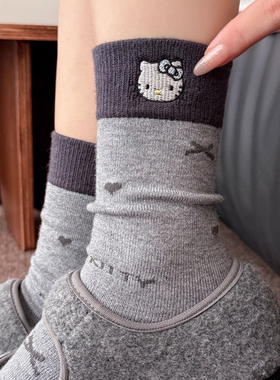 可爱kitty猫羊毛绒袜子女秋冬季灰色中筒加绒加厚保暖居家睡眠袜