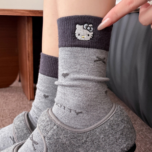 可爱kitty猫羊毛绒袜子女秋冬季灰色中筒加绒加厚保暖居家睡眠袜