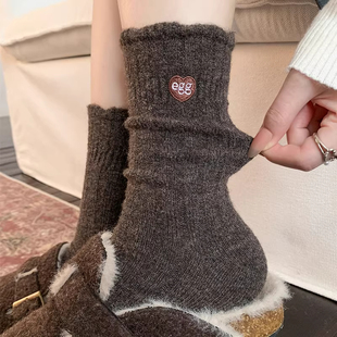 咖色egg羊毛绒袜子女秋冬季 美拉德中筒袜加绒加厚保暖雪地袜 新款