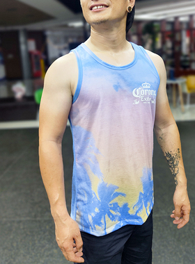 科罗娜扎染夏威夷风格棉感速干斜肩背心健身休闲嘻哈运动