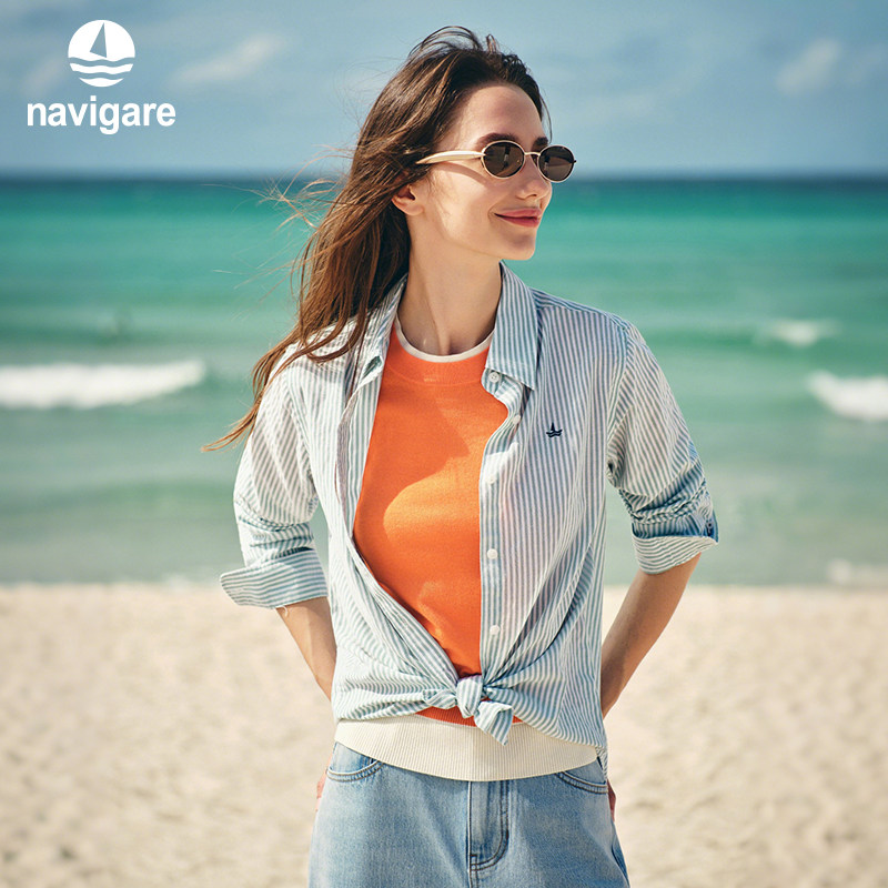 Navigare意大利小帆船亚麻长袖衬衫女2026春季新款通勤条