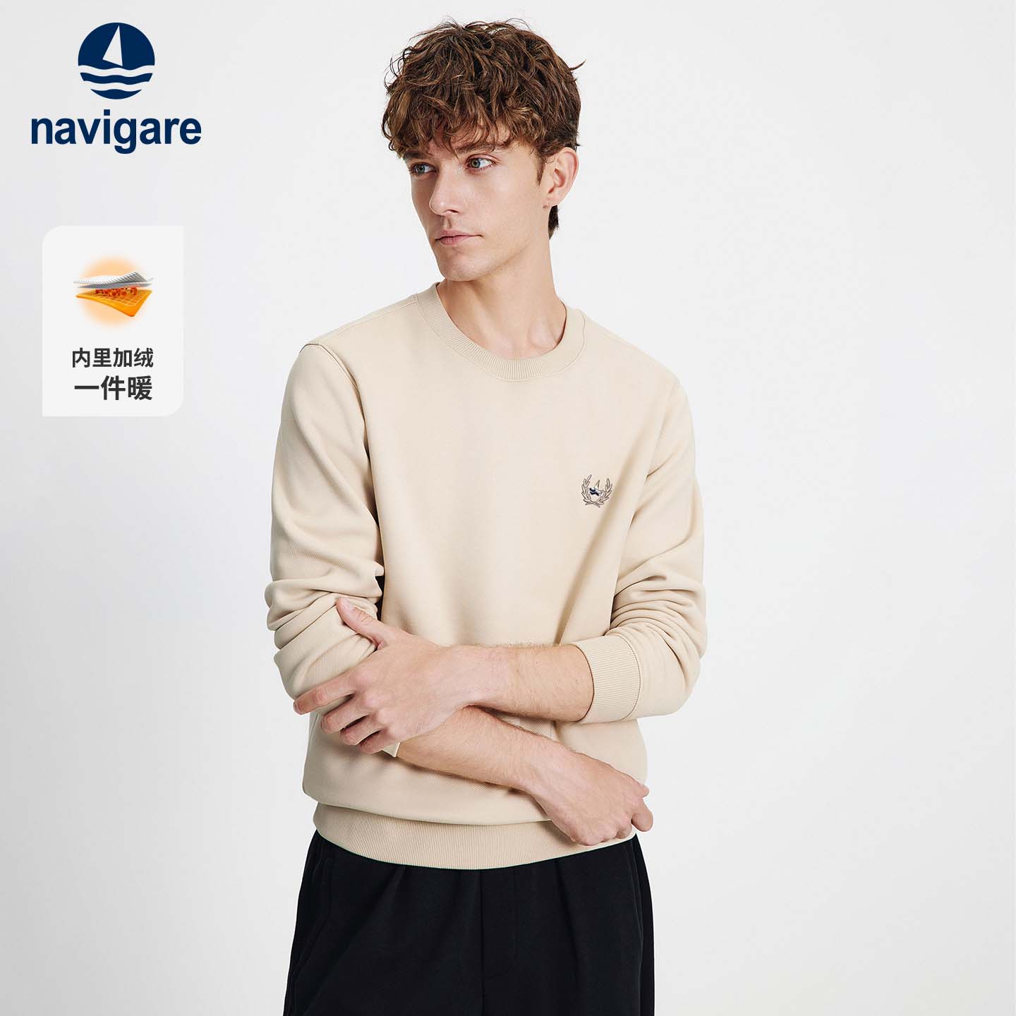 Navigare意大利小帆船休闲加绒长袖卫衣男冬季新款圆领套头T恤衫