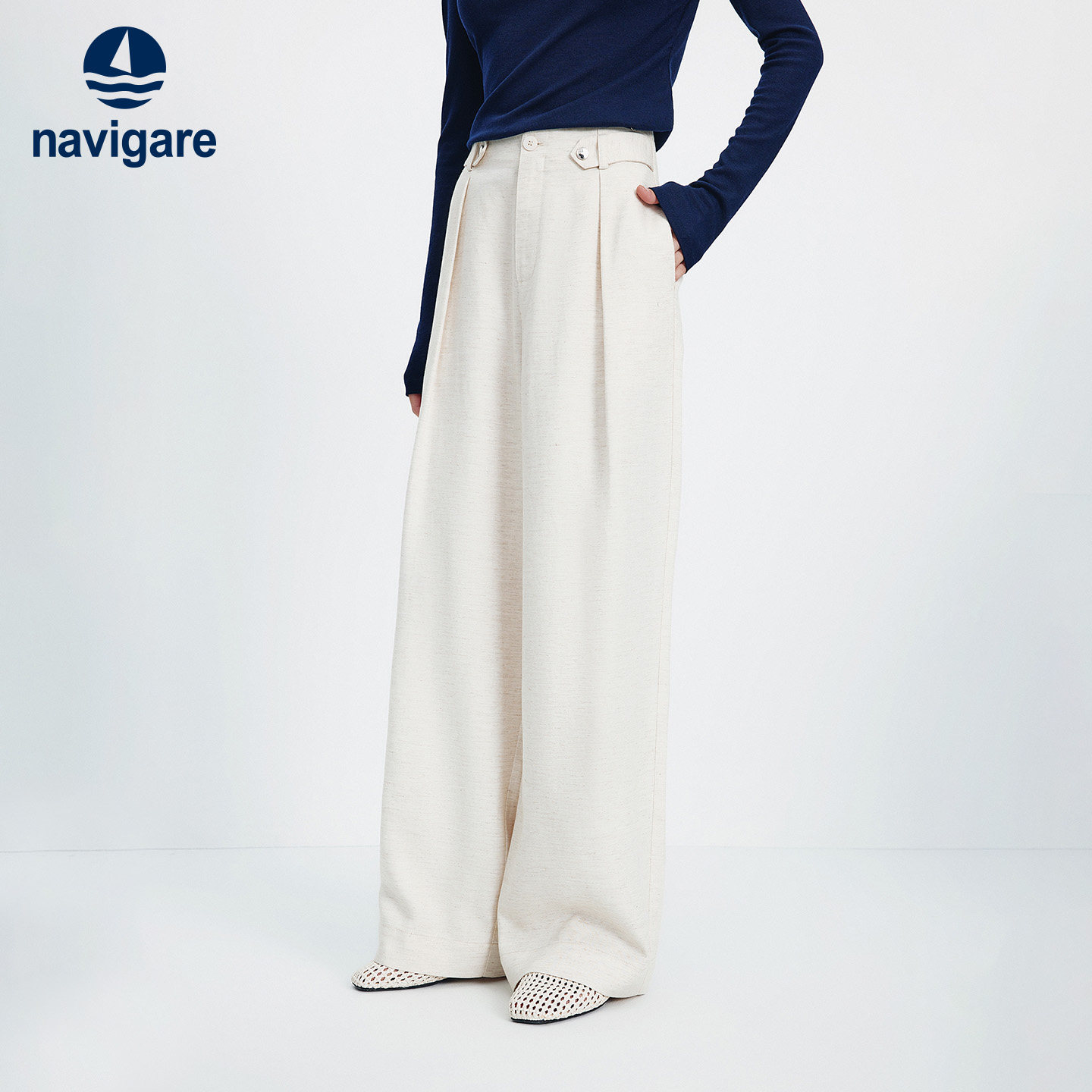 Navigare意大利小帆船白色莱赛尔休闲裤女2026春夏高腰百