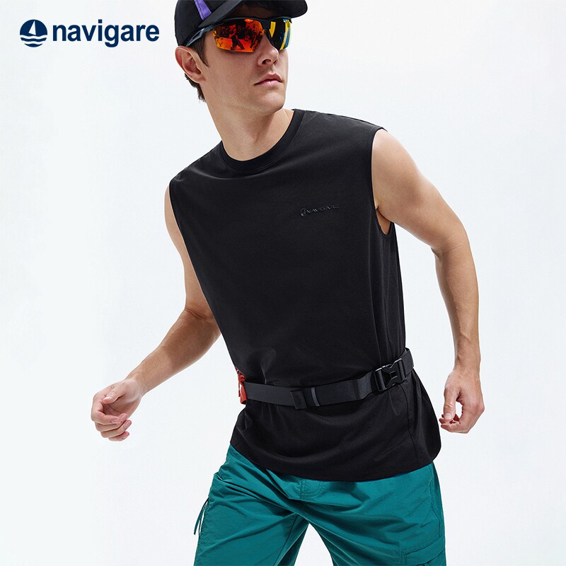 Navigare意大利小帆船黑色休闲背心男士2026春夏新款弹力圆领上衣