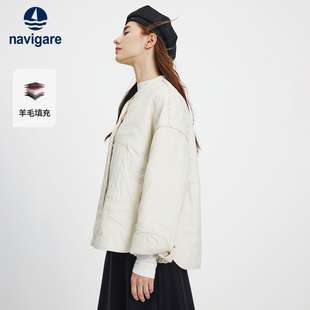 Navigare意大利小帆船纯羊毛棉衣外套女秋冬新款 宽松轻薄棉服夹克