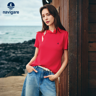 百搭圆领体恤衫 Navigare意大利小帆船纯棉红色短袖 T恤女2026夏季