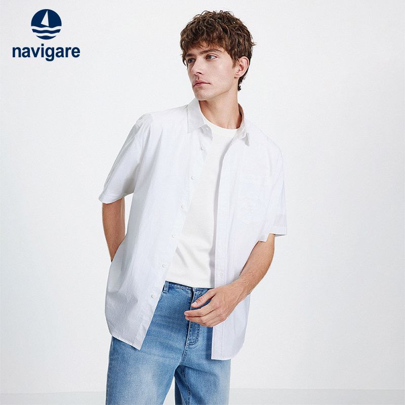 Navigare意大利小帆船宽松短袖衬衫男2026夏季休闲翻领衬