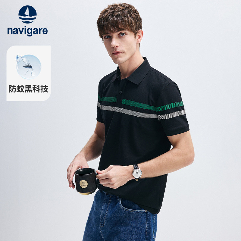 Navigare小帆船夏季新款条纹短袖polo衫男士黑色短袖翻领T恤上衣