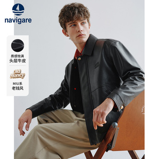 Navigare意大利小帆船复古翻领真皮皮衣男春季 黑色牛皮夹克 新款