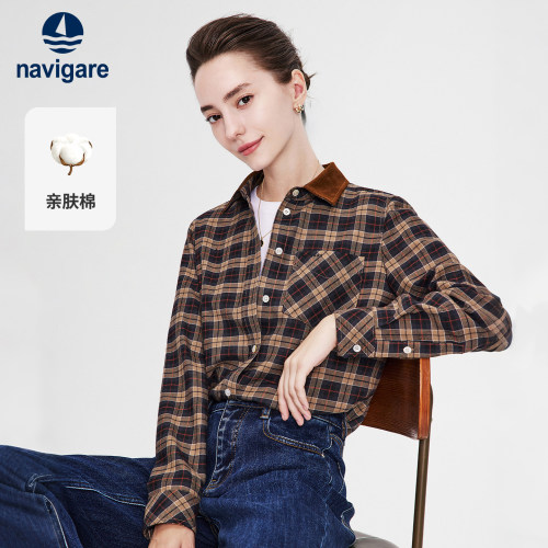 Navigare通勤宽松格子长袖衬衫