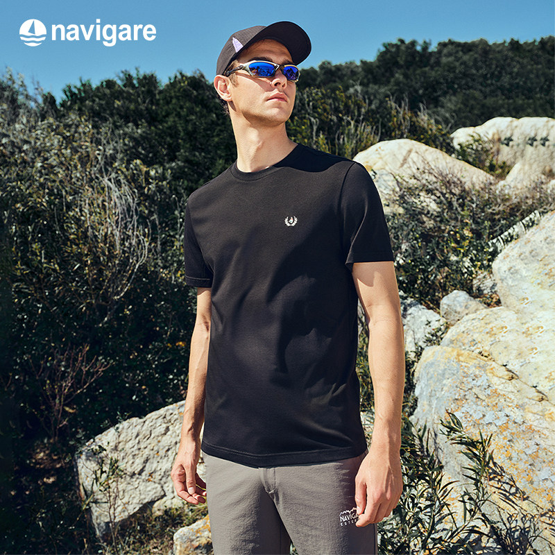Navigare小帆船黑色基础T恤衫2026春夏新款男士休闲短袖凉感上衣