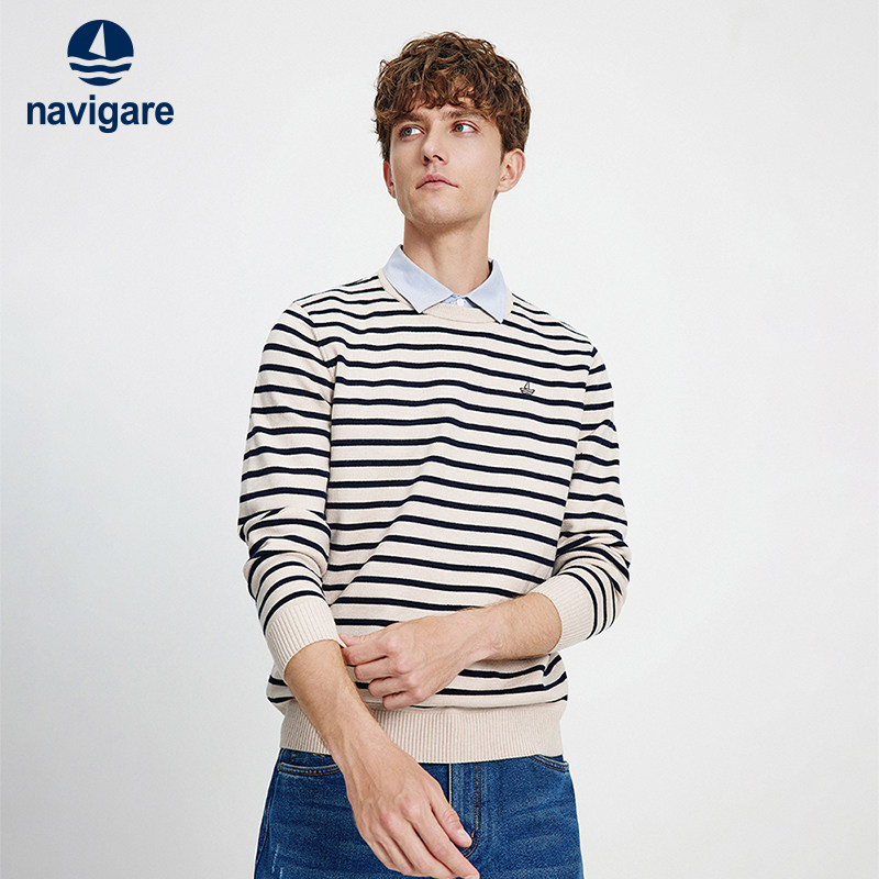 Navigare意大利小帆船休闲条纹针织衫男春秋新款衬衫领假两件