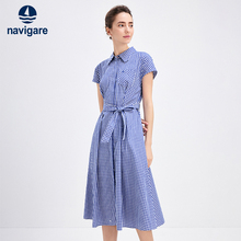 [纯棉]Navigare意大利小帆船蓝色短袖衬衫连衣裙女新款时尚格子裙
