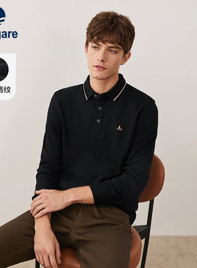 [华夫格]Navigare意大利小帆船春秋纯棉长袖polo衫新款黑色T恤衫