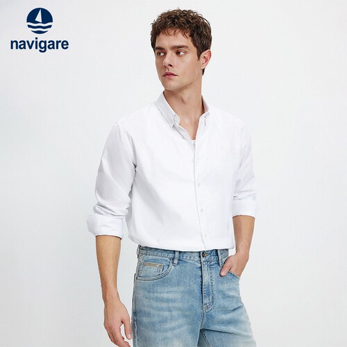 Navigare扣角领纯棉长袖衬衫