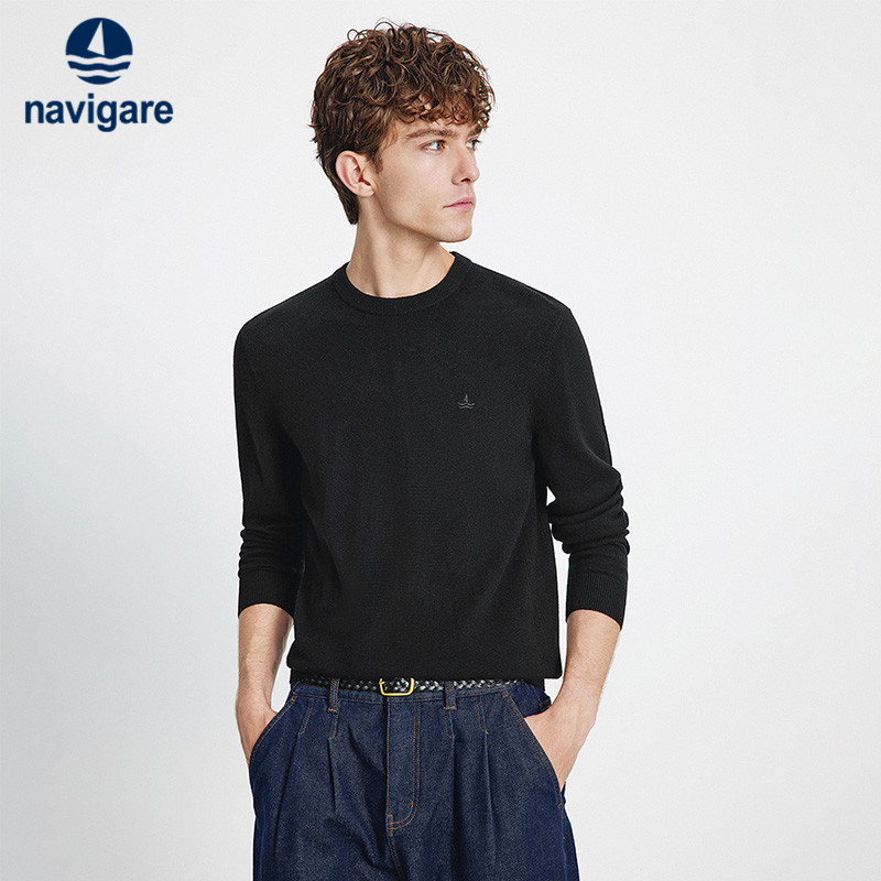 Navigare意大利小帆船黑色圆领毛衣男2025秋季新品羊毛保