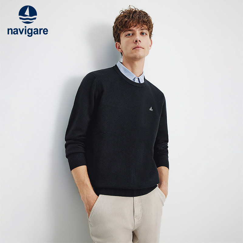 Navigare意大利小帆船黑色假两件针织衫男25秋季新品通勤弹力毛衣