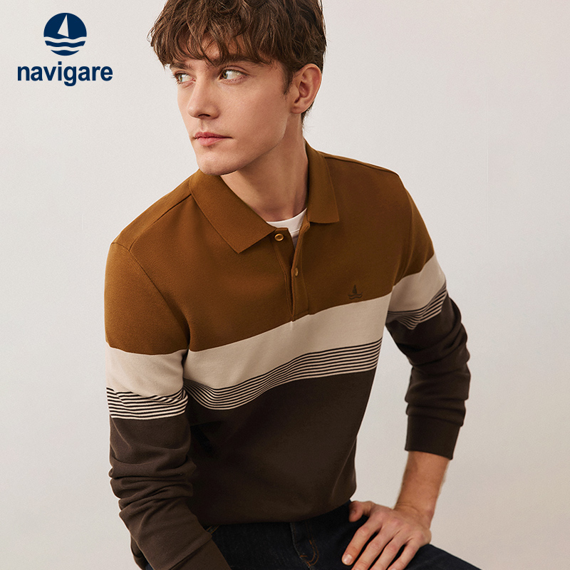Navigare纯棉撞色条纹POLO