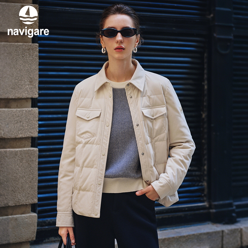 Navigare意大利小帆船灯芯绒翻领羽绒服女25冬季新品工装鸭绒外套