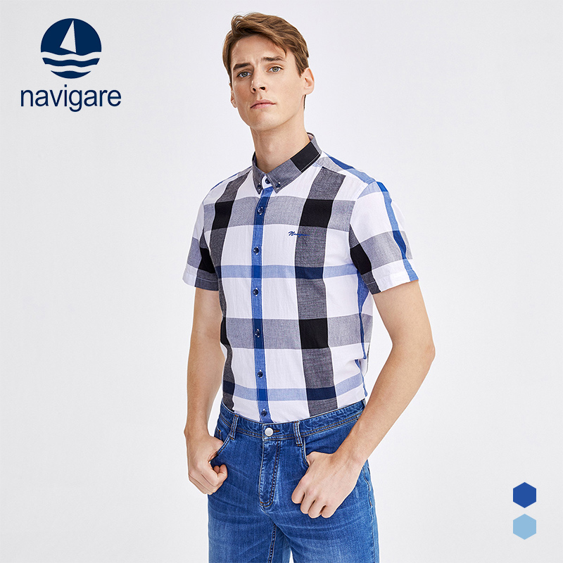 Navigare纳维凯尔意大利小帆船2023夏季新款男士短袖格子衬衫男潮
