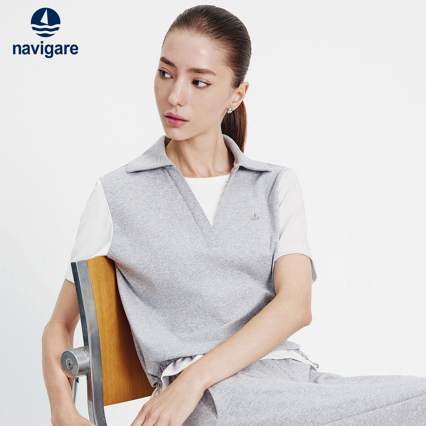 Navigare小帆船夏季新款灰色显瘦翻领POLO衫女短袖宽松假